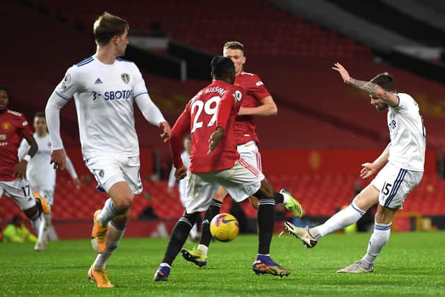 CLASSY: Stuart Dallas fires home a fine strike to net Leeds United's second goal in Sunday's clash at Manchester United but issues at both ends of the pitch cost the Whites any chance of a result. Photo by Michael Regan/Getty Images.