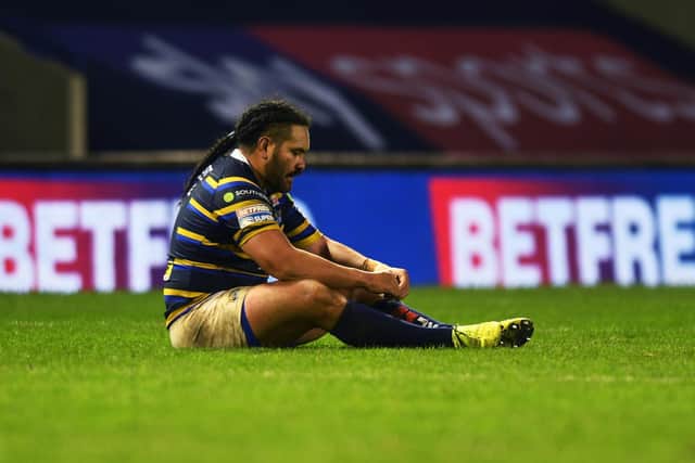 Konrad Hurrell shows his disappointment after Rhinos' play-offs loss to Catalans Dragons. Picture by Jonathan Gawthorpe.