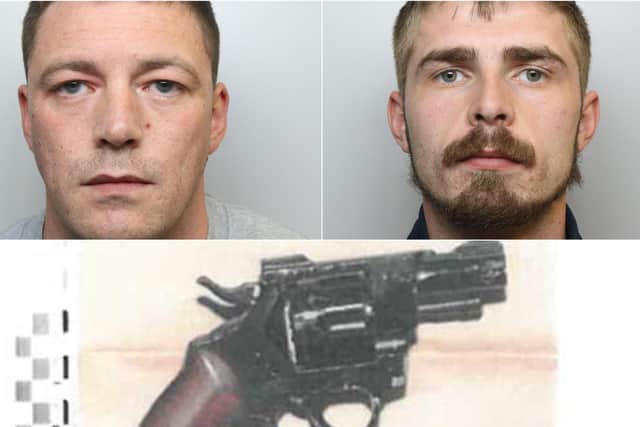 Drug dealers Conor McGibbon (top left) and Joshua Wilcock (top right) have been jailed for a total of almost 20 years. Police seized a firearm (pictured bottom) when they searched a house in Hyde Park, Leeds