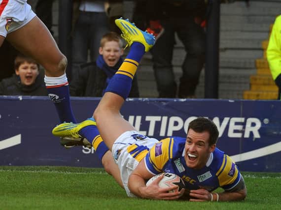 Joe Vickery scores for Leeds in the 2012 Boxing Day game against Wakefield. Picture by Steve Riding.
