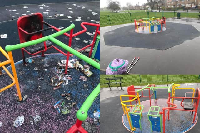 A 'Litter Free' group based in Pudsey has cleaned up the mess left from an arson attack on a children's play park on Tuesday.