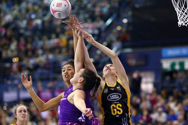 Leeds Rhinos' Vicki Oyesola in combative action (left). Picture: Charlie Crowhurst/Getty Images.