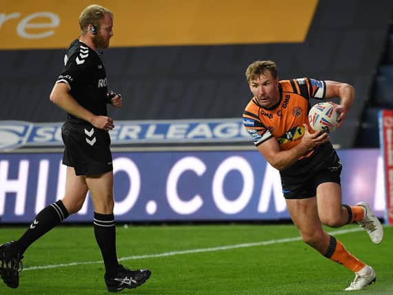 Michael Shenton goes over for a try in Tigers' 2020 win over Salford. Picture by Jonathan Gawthorpe.