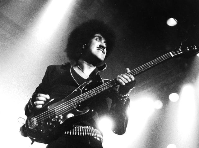 Phil Lynott of Thin Lizzy on stage at the Queens Hall. PIC: Steve Riding