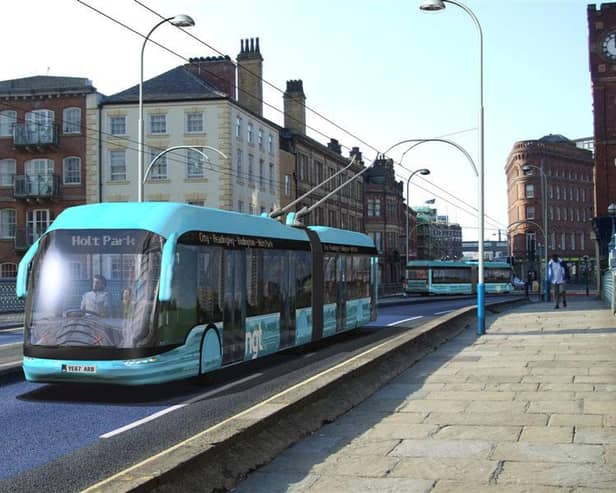 An artist's impression of the Leeds Trolleybus - due to open in 2018, but ultimately cancelled/