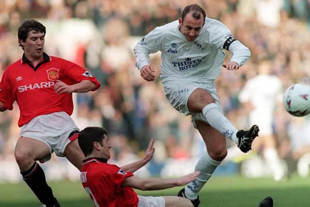 CAPTAIN FANTASTIC: Whites skipper Gary McAllister set the ball rolling for Leeds United's 3-1 victory against visiting Manchester United on Christmas Eve of 1995 with his early penalty at Elland Road. Picture by Varleys.