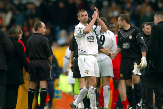 SO GRATEFUL: Former Whites captain Dom Matteo, pictured after Leeds United's 2-2 draw at home to Liverpool back in February 2004. Picture by Jonathan Gawthorpe.