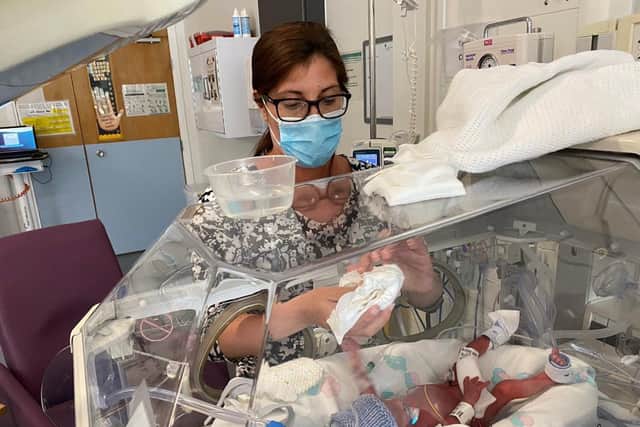 Archie Burns weighed a tiny 2lbs 12oz when his mum Emma Bailey gave birth to him on August 17