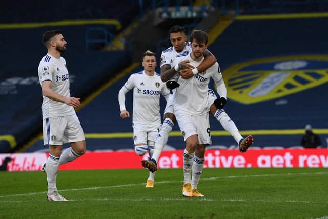 Leeds United striker Patrick Bamford celebrates at Elland Road. Pic: Jonathan Gawthorpe
