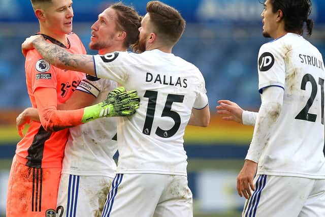 JOB DONE: Luke Ayling, Stuart Dallas and Pascal Struijk with Whites 'keeper Illan Meslier after Sunday's 1-0 victory against Burnley at Elland Road. Photo by Nigel French - Pool/Getty Images.