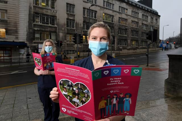 Rachel Avison (right) and Charlotte Mackney-Hudson, psychologist at the Leeds Congenital Heart Unit, pictured with the new support pack for teenage patients facing heart surgery. Picture: Simon Hulme