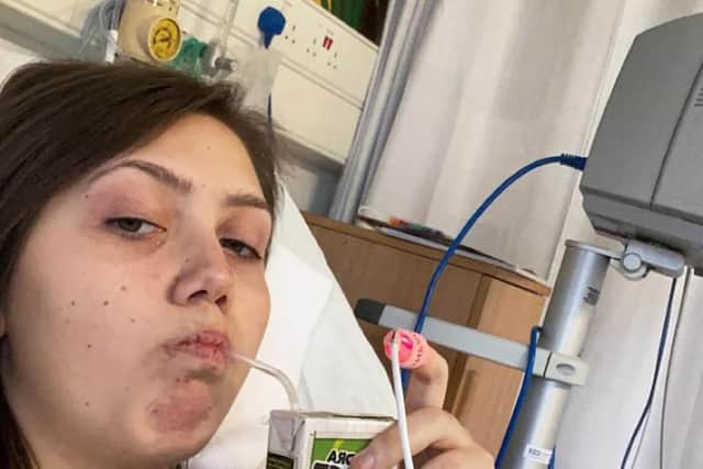 Cait Gregory, now 16, pictured during her stay in the Leeds Congenital Heart Unit in March this year, for her second open heart surgery.