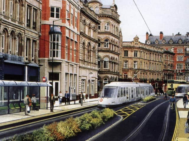 An artist's impression of Leeds Supertram on The Headrow.