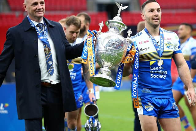Coach Richard Agar and captain Luke Gale with the Challenge Cup. Picture by Michael Steele/Getty Images.
