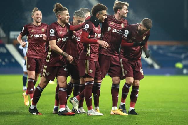RAMPANT: Leeds United celebrate going 4-0 up at West Brom through record signing Rodrigo, centre. Photo by David Rogers/Getty Images.