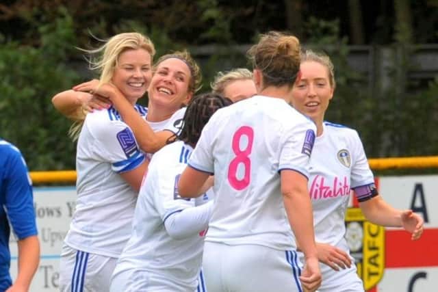Laura Bartup, left, scores the only goal in Leeds United Women’s 1-0 victory over Durham Cestria. United have only managed to play six games in the Division One North this season due to changing Covid-19 restrictions. Picture: Steve Riding.