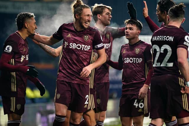 FIVE STAR: Leeds United celebrate Raphinha's strike in Tuesday night's romp at West Brom. Photo by Tim Keeton - Pool/Getty Images.