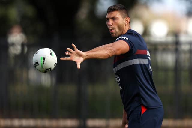 Ryan Hallpasses during a Sydney Roosters NRL training session at Kippax Lake Field on May 14, 2020 in Sydney, Australia. (Picture: Cameron Spencer/Getty Images)