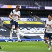 PROLIFIC PAIR: Harry Kane, centre, celebrates putting Tottenham Hotspur in front with his penalty as Son Heung-min looks on, right. Photo by Andy Rain - Pool/Getty Images.