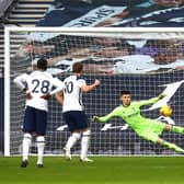 Tottenham Hotspur striker Harry Kane converts a penalty against Leeds United. Pic: Getty
