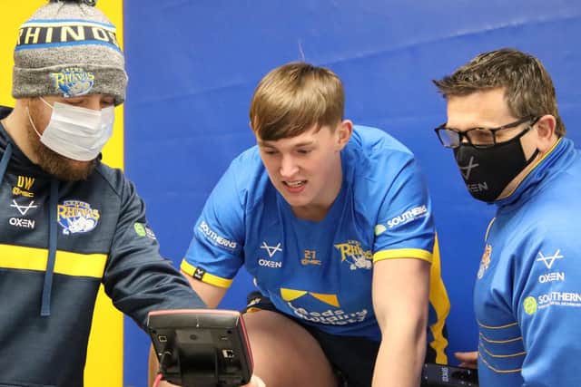 Players underwent fitness testing when pre-season began on Monday. Here Dean Weaving, left and Jason Davidson - from the club's performance department - cast an eye over young centre Jack Broadbent. Picture by Phil Daly.