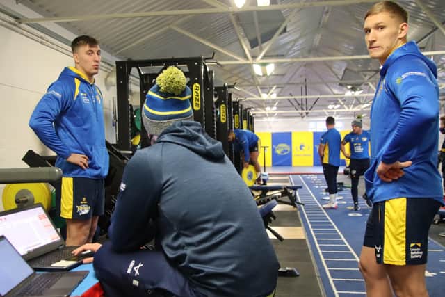 Alex Mellor, left, takes a breather from working out on some weights during Leeds Rhinos' pre-season training. Picture courtesy of Leeds Rhinos.