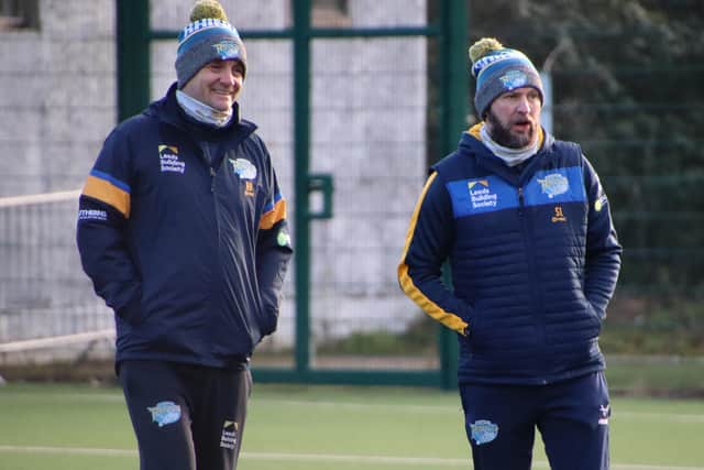 WATCHFUL EYE: Head coach Richard Agar and assistant Sean Long keep an eye on Leeds Rhinos' players during pre-season training. Picture courtesy of Leeds Rhinos.