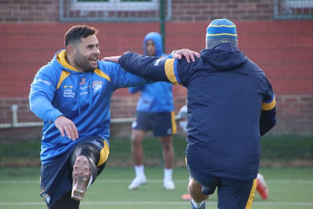 Rhyse Martin limbers up during the latest Leeds Rhinos' pre-season training session at Kirkstall Road. Picture courtesy of Leeds Rhinos.