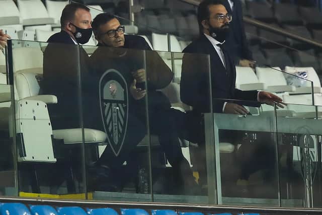 Leeds United owner Andrea Radrizzani (middle) with Victor Orta (right) and Angus Kinnear (left). Pic: Getty