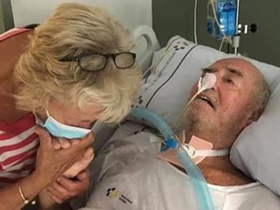 Bill  Annable pictured in hospital in Tenerife with wife Dot.