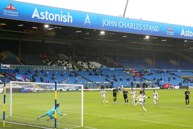 DOUBLE FIGURES: Leeds United striker Patrick Bamford slots away his tenth goal of the season with a clinical penalty in last month's 1-0 success at home to Burnley. Photo by Nigel French - Pool/Getty Images.