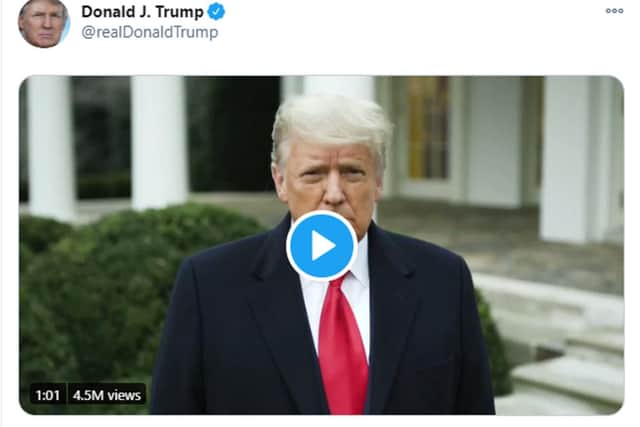 A video posted by Trump urging protesters to "go home" but adding "we love you...you're very special" was removed by Twitter.