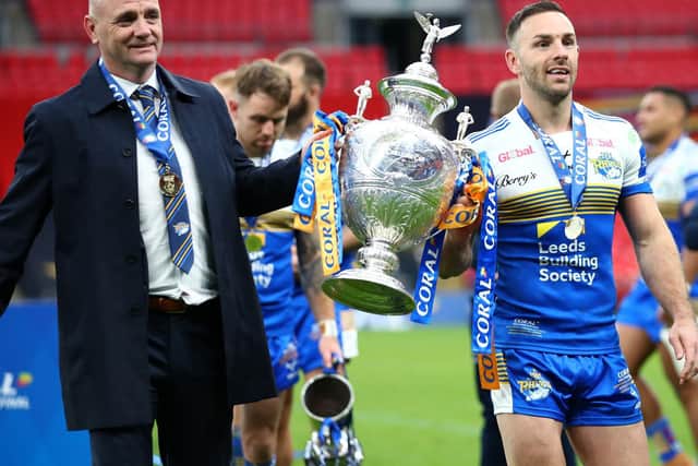 Rhinos coach Richard Agar and captain Luke Gale with the Challenge Cup at Wembley last October. Picture by Michael Steele/Getty Images.
