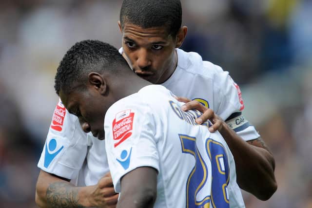 Jermaine Beckford talks to teammate Max Gradel during the clash against Bristol Rovers at Elland Road in May 2010.