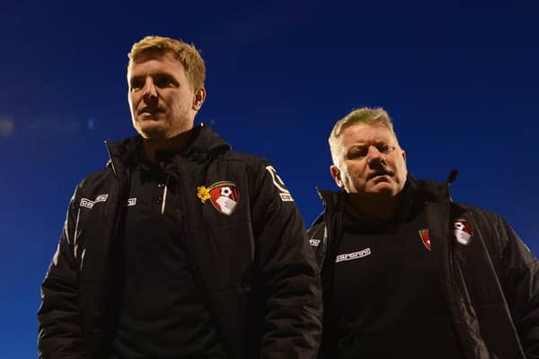 THE WAY THINGS WERE: John Yems, right, as football operations and recruitment manager of Bournemouth next to boss Eddie Howe, left, back in March 2015. Photo by Jamie McDonald/Getty Images.