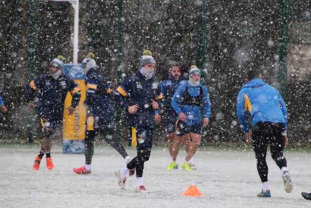 CHILLY FRONT: Leeds Rhinos' players didn't escape the snow showers in Leeds earlier today, training out at Kirkstall. Picture and video courtesy of Leeds Rhinos.