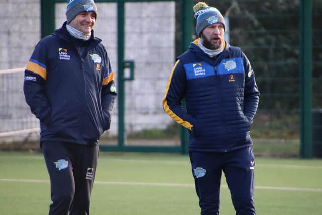 Coach Richard Agar, left and assistant Sean Long supervise Rhinos training. Picture by Phil Daly.