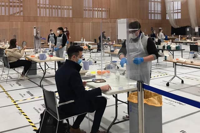 Pictured mass testing of university students for Covid 19 at the Allam Centre, Hull University in January to help enable a safe return for the Spring Term. This year has been very different for university students in the region including lateral flow tests, which means that results can be rapidly turned around within an hour. Photo credit: The University of Hull.