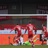 OUT: Jordan Tunnicliffe blasts home Crawley Town's third goal as Leeds United crash out of the FA Cup third round. Photo by Mike Hewitt/Getty Images.