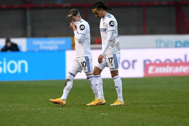 Leeds United's Gjanni Alioski and Helder Costa react at full-time following defeat to Crawley. Pic: Simon Hulme