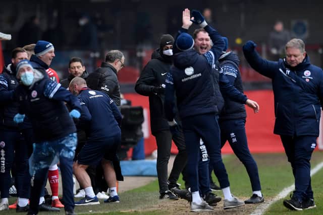 Marcelo Bielsa shows his frustration at full time as the Crawley bench celebrate. Picture: Simon Hulme.