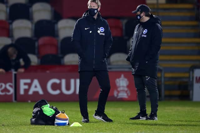 FIRST FENCE CLEARED: For Brighton boss Graham Potter, left, at Newport County. Photo by Michael Steele/Getty Images.