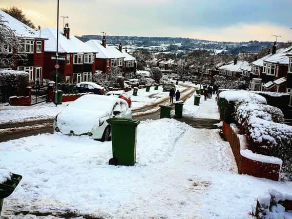 Green bins were not collected in parts of north Leeds due to the snow - as this photo in Moseley Wood Gardens in Cookridge shows