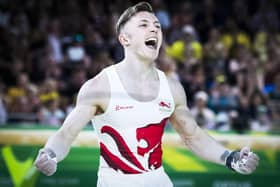 England's Nile Wilson (gold) celebrates following his routine on the Men's Horizontal Bar at the 2018 Commonwealth Games. Picture: Danny Lawson/PA