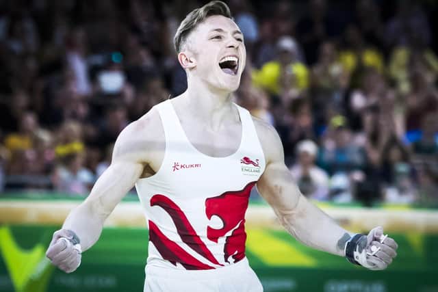 England's Nile Wilson celebrates before going on to win the Men's Horizontal Bar at the 2018 Commonwealth Games. Picture: Danny Lawson/PA