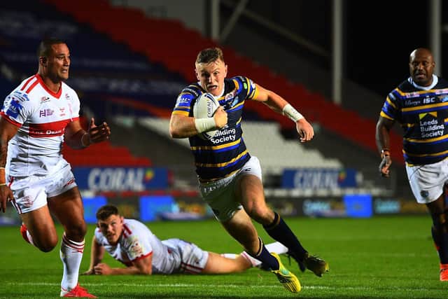 Harry Newman on the charge for Rhinos against Hull KR. Picture by Jonathan Gawthorpe.