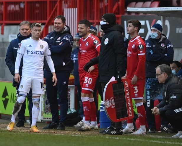 RESPECTFUL: Leeds United head coach Marcelo Bielsa, far right, looks on as Crawley Town bring on former TOWIE star Mark Wright, centre, in the 89th minute. Photo by Mike Hewitt/Getty Images.