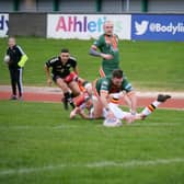 Hunslet's AJ Boardman pictured scoring against Bradford Bulls in pre-season last year. Both clubs are facing a delay to their 2021 campaign. Picture by Paul Johnson.