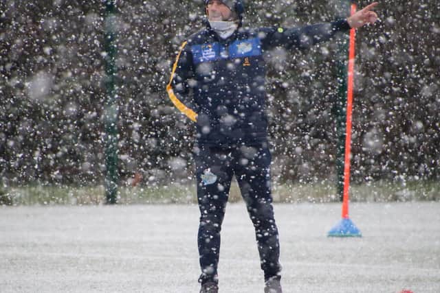 Sean Long pictured at training during a blizzard last week. Today's session was cancelled because of this week's snow. Picture by Phil Daly/Leeds Rhinos.