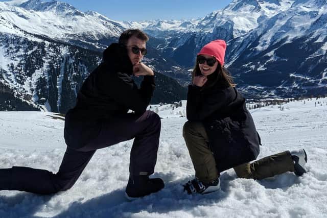 Nial and Chloe in their preferred snowboarding spot, the Alps.